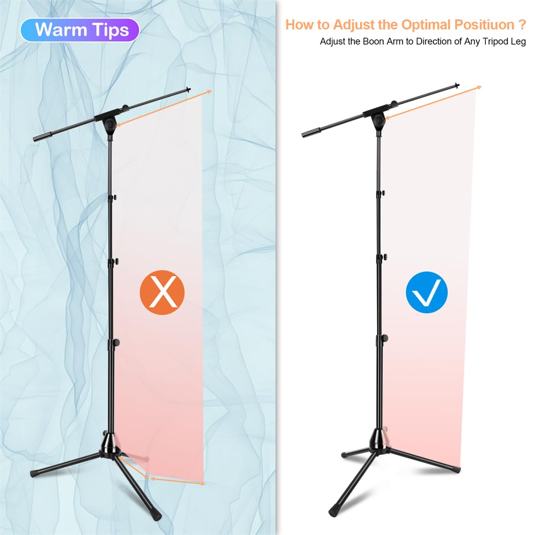 Microphone Stand Floor Foldable Mic Stand Heavy Duty Tripod Boom Arm with 2 Screws Adapter 2 Mic Clips 2 Foam Covers and Carrying Bag for Singing Karaoke Stage HLS02