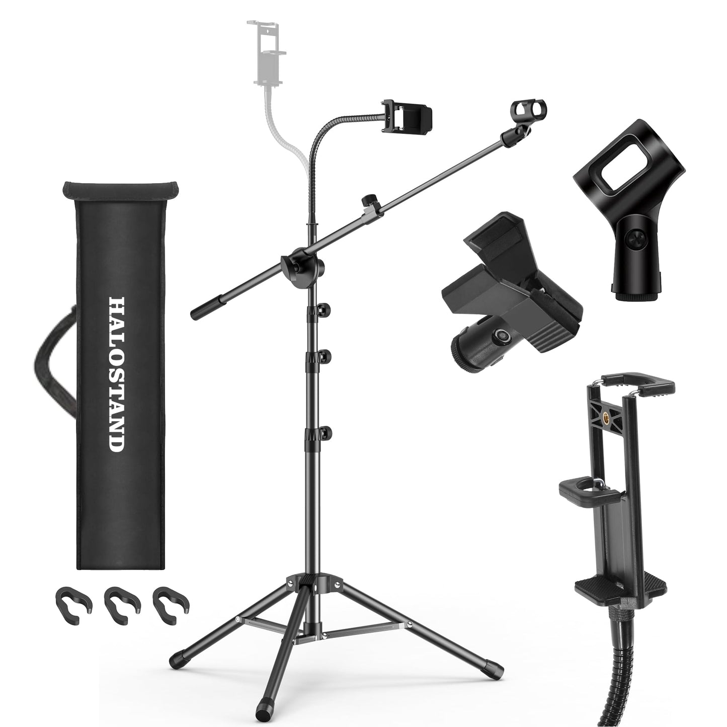 Microphone Stand Floor Foldable Mic Stand Heavy Duty Tripod Boom Arm with 2 Screws Adapter 2 Mic Clips 2 Foam Covers and Carrying Bag for Singing Karaoke Stage HLS02