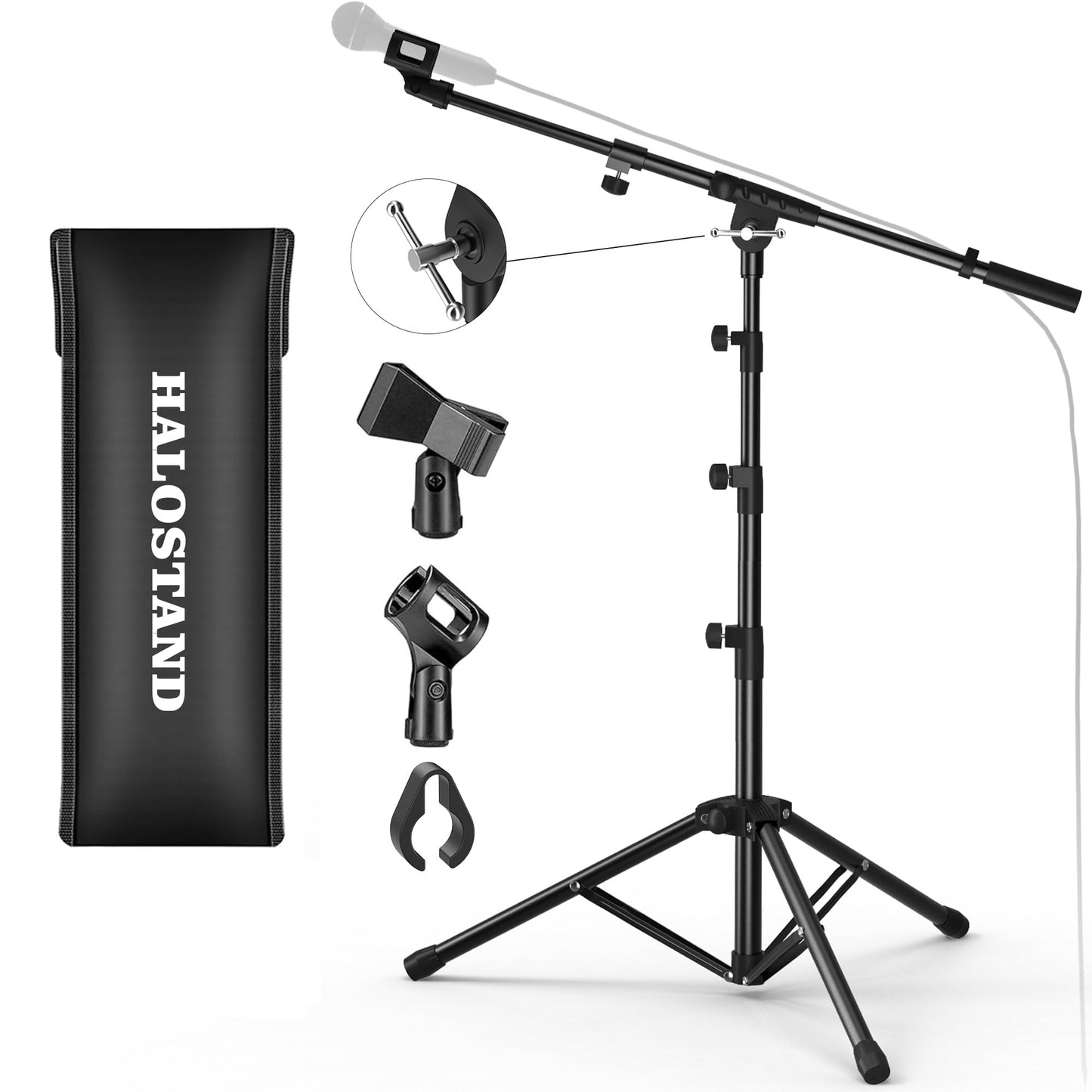 Microphone Stand Floor Foldable Mic Stand Heavy Duty Tripod Boom Arm with 2 Screws Adapter 2 Mic Clips 2 Foam Covers and Carrying Bag for Singing Karaoke Stage HLS02