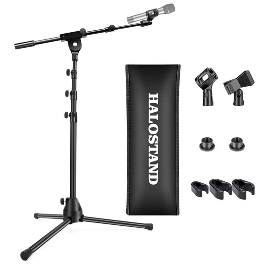 Microphone Stand Floor Foldable Mic Stand Heavy Duty Tripod Boom Arm with 2 Screws Adapter 2 Mic Clips 2 Foam Covers and Carrying Bag for Singing Karaoke Stage HLS02
