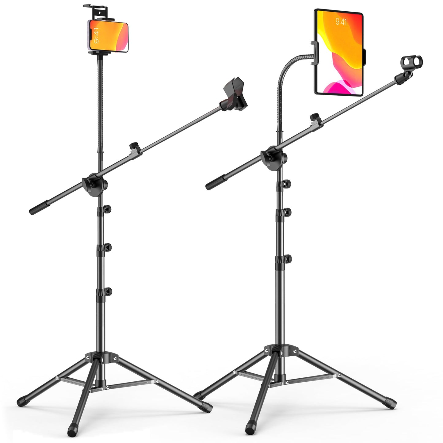 Microphone Stand Floor Foldable Mic Stand Heavy Duty Tripod Boom Arm with 2 Screws Adapter 2 Mic Clips 2 Foam Covers and Carrying Bag for Singing Karaoke Stage HLS02