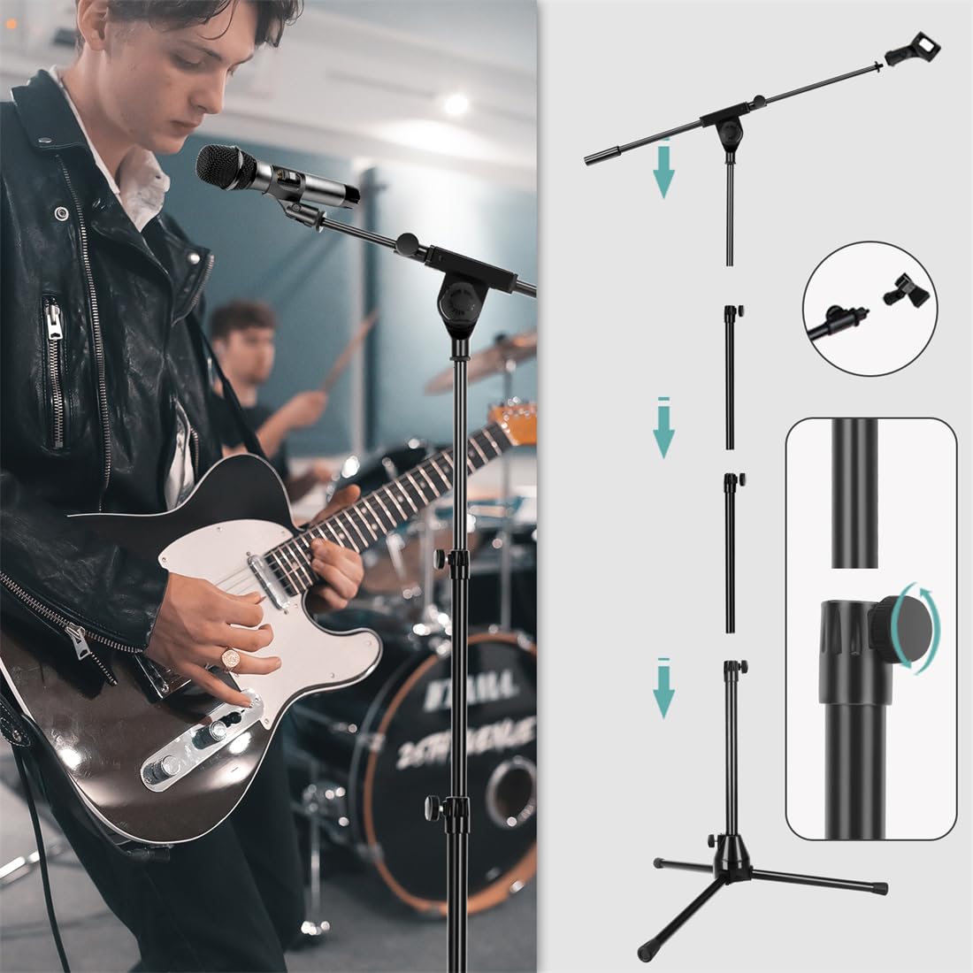 Microphone Stand Floor Foldable Mic Stand Heavy Duty Tripod Boom Arm with 2 Screws Adapter 2 Mic Clips 2 Foam Covers and Carrying Bag for Singing Karaoke Stage HLS02