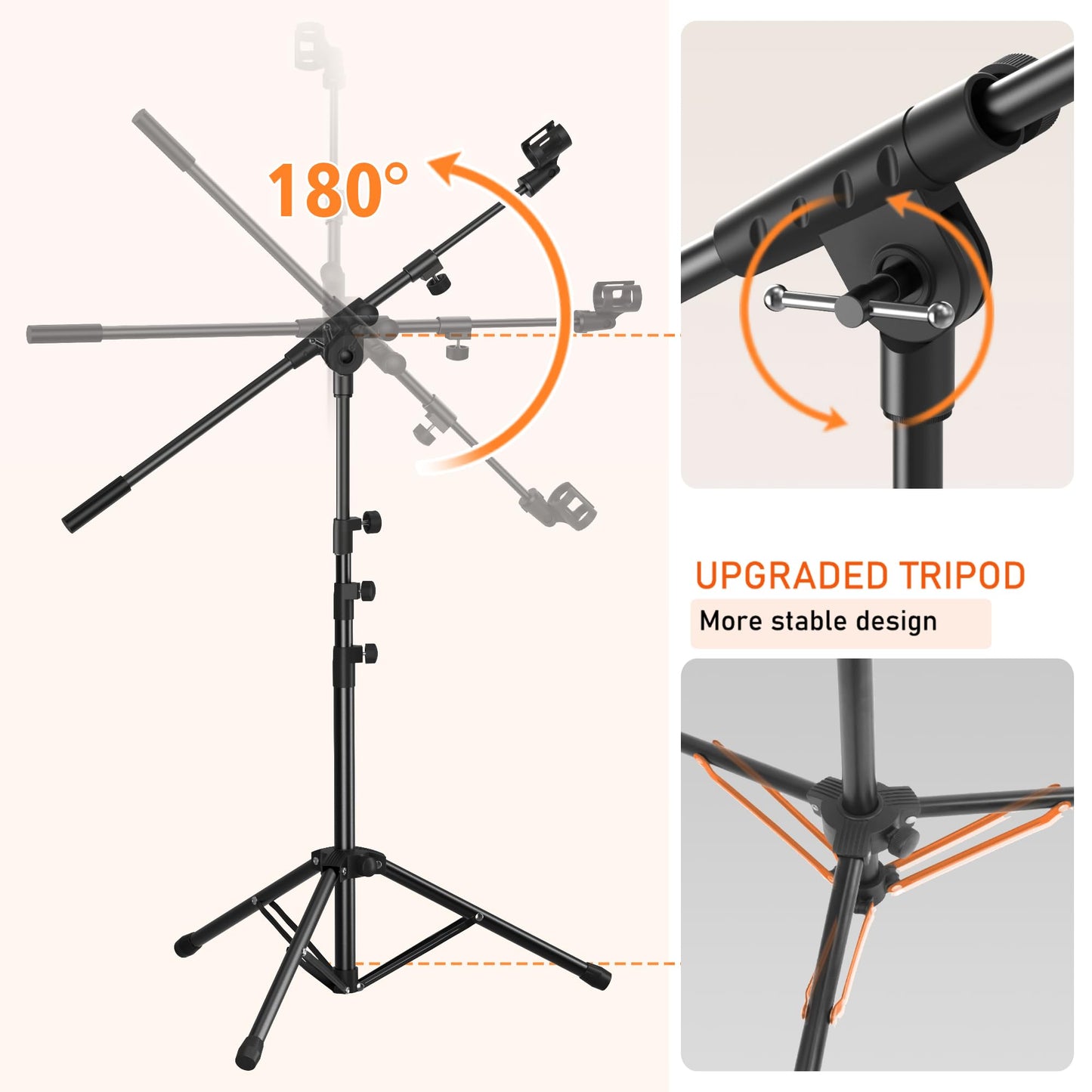 Microphone Stand Floor Foldable Mic Stand Heavy Duty Tripod Boom Arm with 2 Screws Adapter 2 Mic Clips 2 Foam Covers and Carrying Bag for Singing Karaoke Stage HLS02