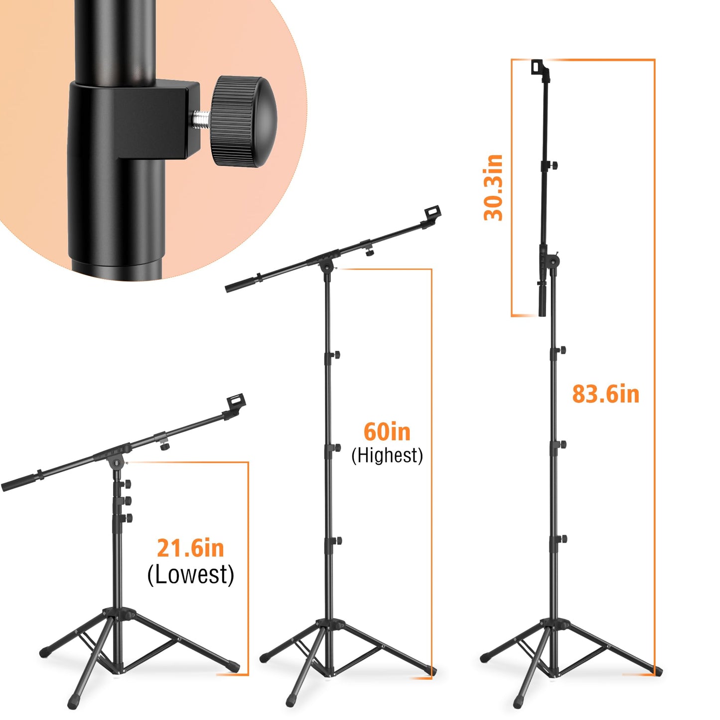 Microphone Stand Floor Foldable Mic Stand Heavy Duty Tripod Boom Arm with 2 Screws Adapter 2 Mic Clips 2 Foam Covers and Carrying Bag for Singing Karaoke Stage HLS02