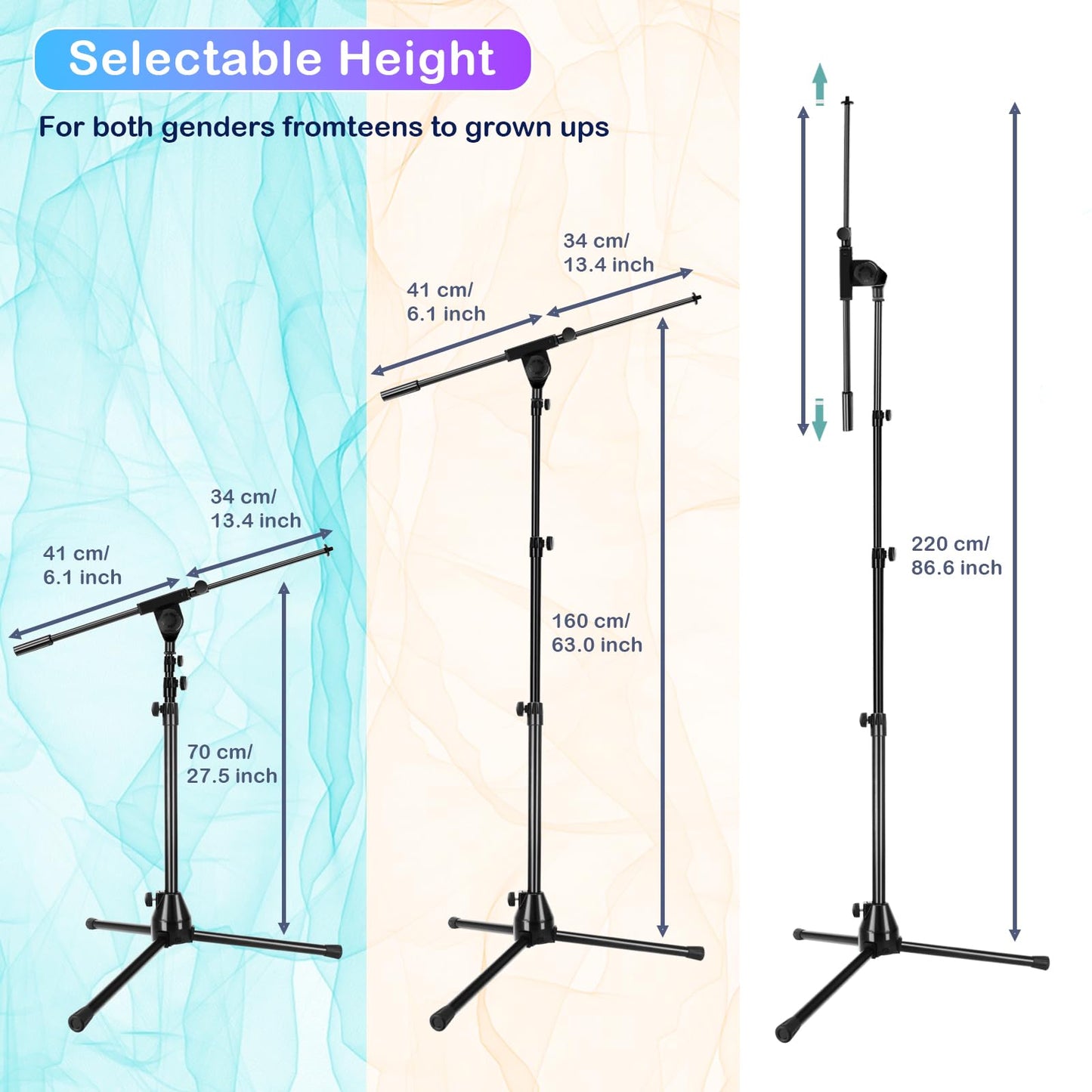 Microphone Stand Floor Foldable Mic Stand Heavy Duty Tripod Boom Arm with 2 Screws Adapter 2 Mic Clips 2 Foam Covers and Carrying Bag for Singing Karaoke Stage HLS02