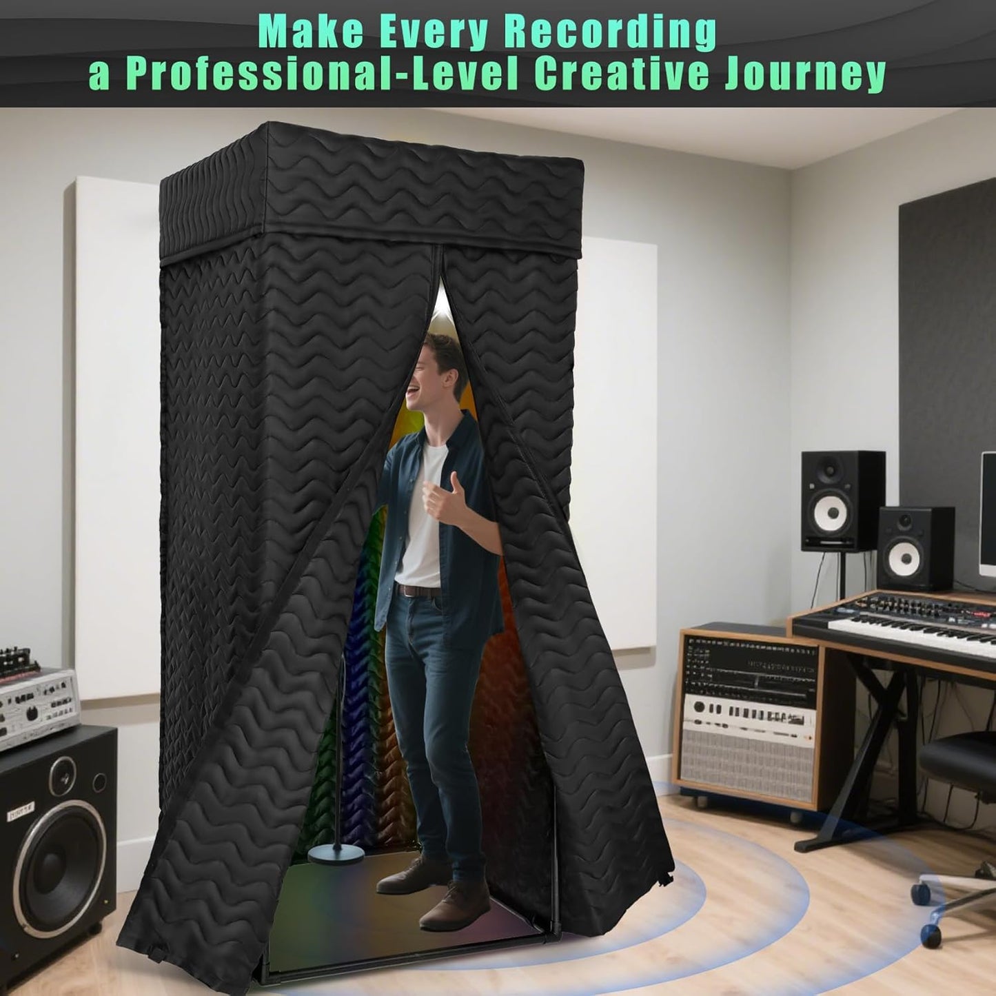 Portable Recording Booth with Adjustable LED Light & Thickened Soundproofing - Studio-Grade Echo-For Home portable vocal booth, Podcasting, Music - Includes Tablet Stand, Storage Shelf & Travel Bag