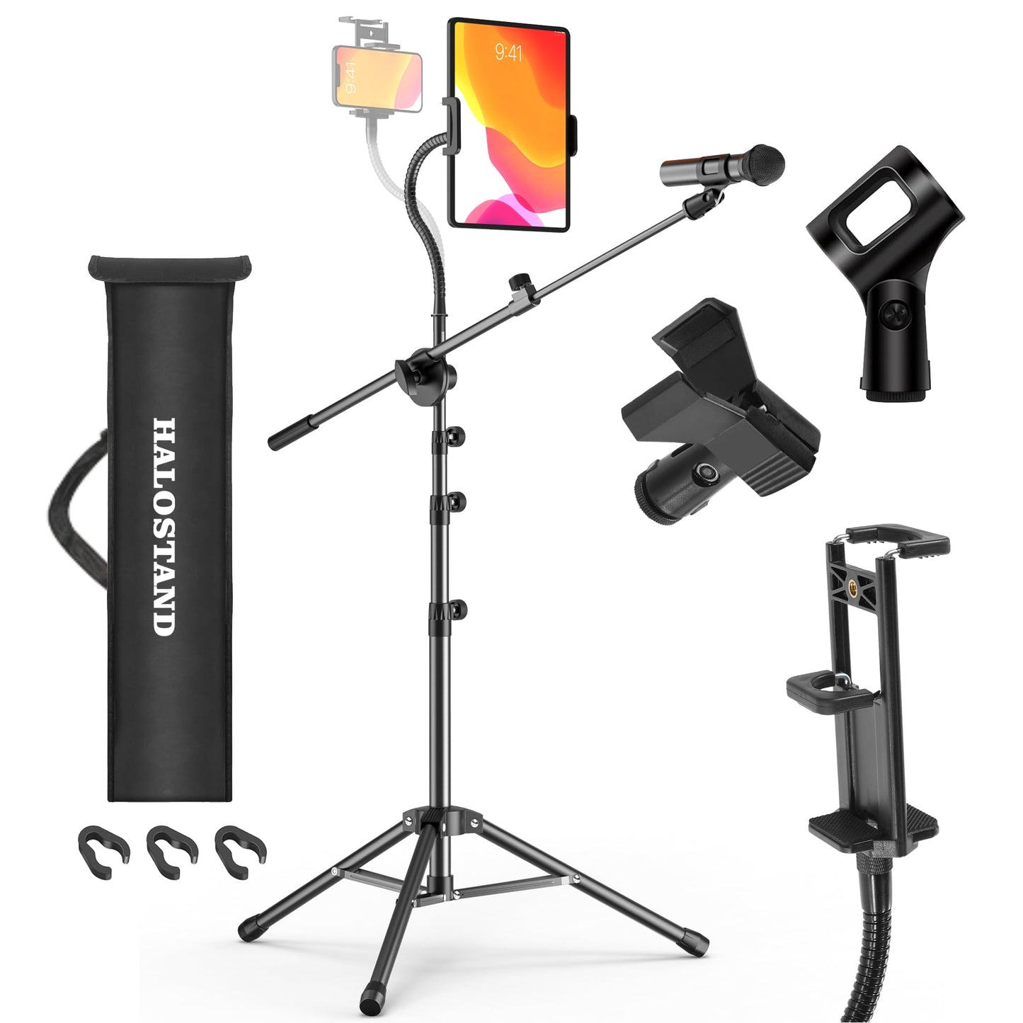 Microphone Stand Floor Foldable Mic Stand Heavy Duty Tripod Boom Arm with 2 Screws Adapter 2 Mic Clips 2 Foam Covers and Carrying Bag for Singing Karaoke Stage HLS02