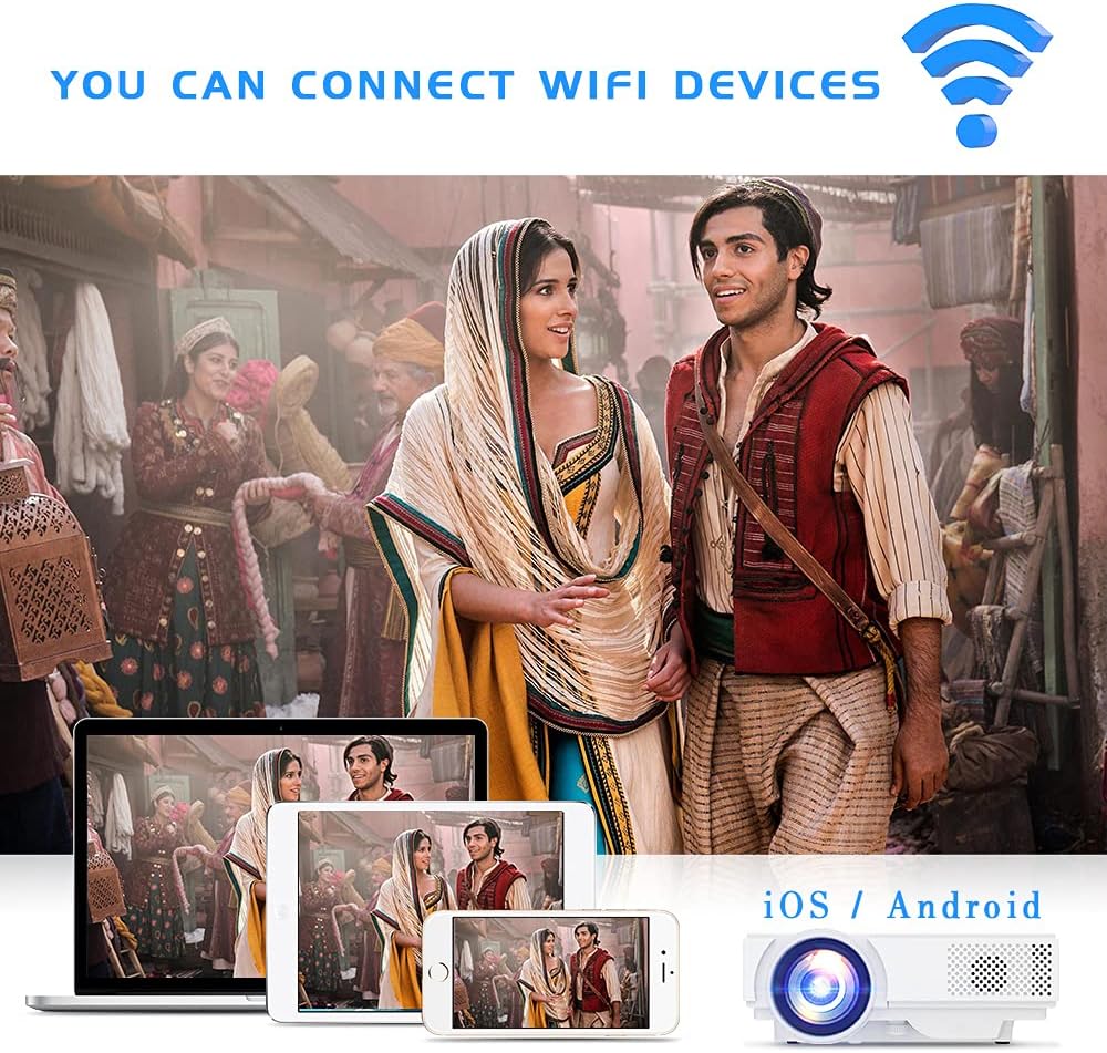 Projector with WiFi and Bluetooth, 2024 Upgrade Outdoor Projector, Mini Movie Projector Supports 1080P Synchronize Smartphone Screen by WiFi/USB Cable for Home Entertainment