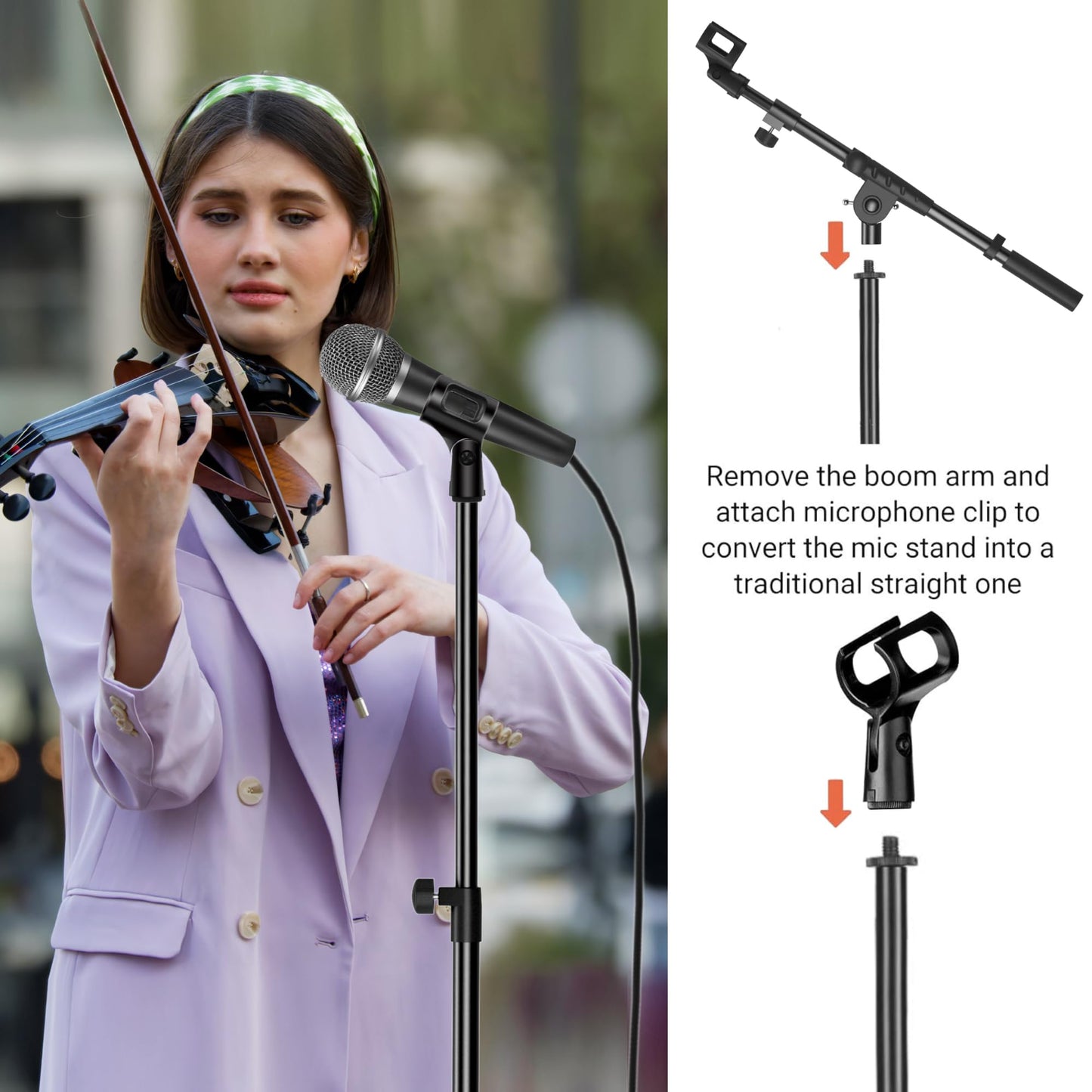 Microphone Stand Floor Foldable Mic Stand Heavy Duty Tripod Boom Arm with 2 Screws Adapter 2 Mic Clips 2 Foam Covers and Carrying Bag for Singing Karaoke Stage HLS02